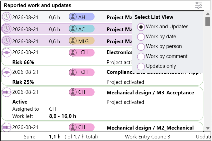 Reported work and updates list example with the filter menu open.