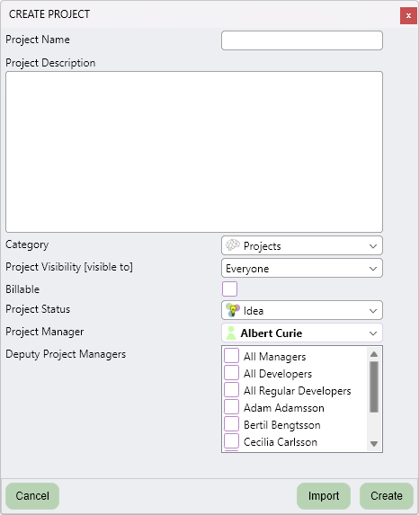 Create project dialog