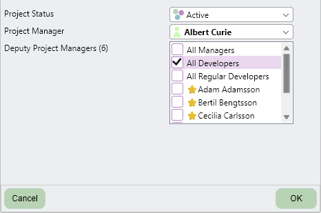 Edit project dialog with Deputy Project Manager settings. The All Developers alternative is checked, consequently marking all developers in the list with a star, marking their deputy status.