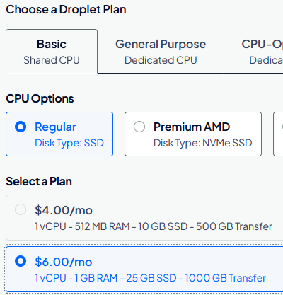 DigitalOcean droplet choose plan