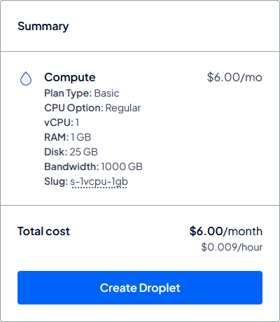 DigitalOcean droplet summary