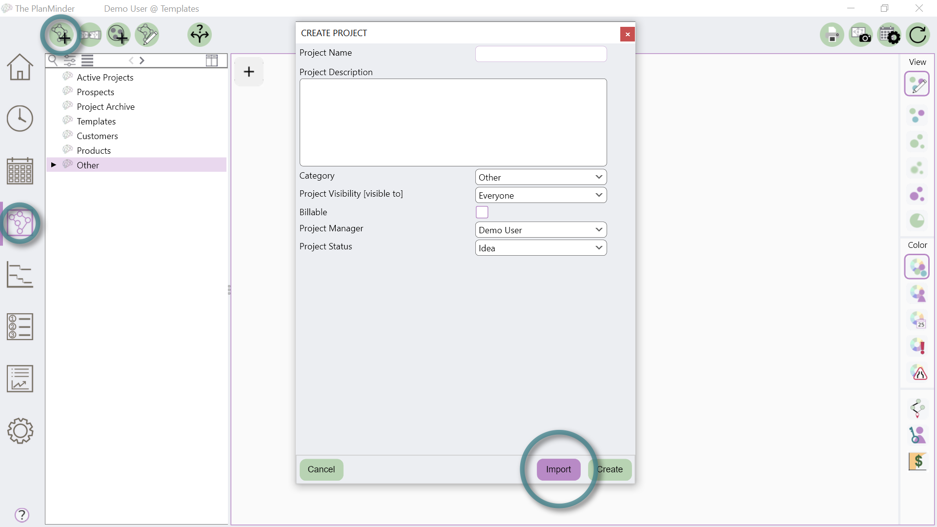 Image pointing out how to import a project template from a file.